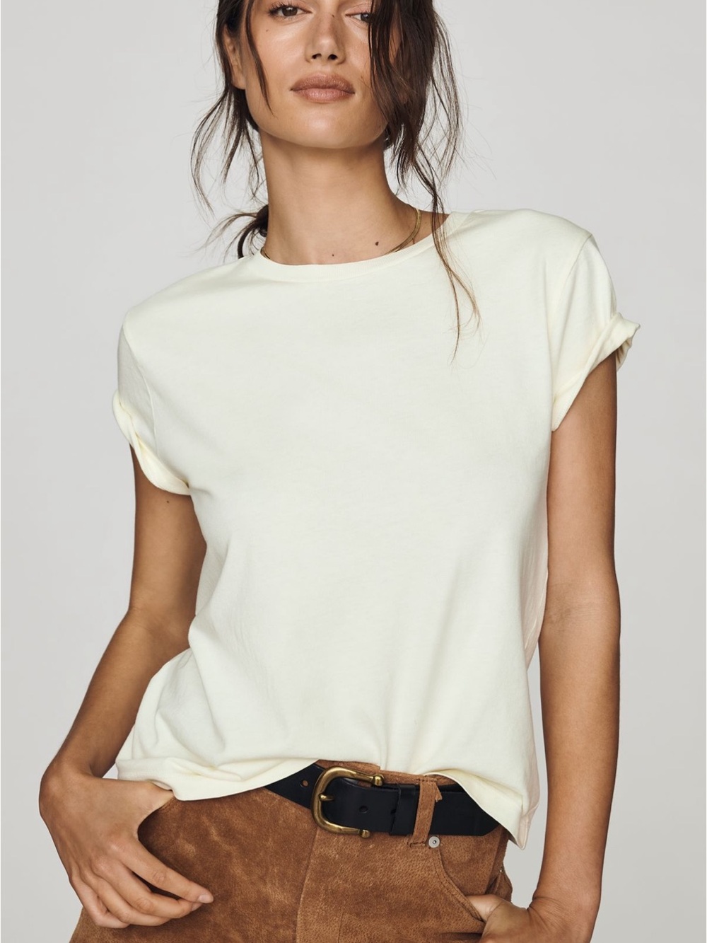 Agolde Cream Short Sleeve Rolled-Cuff Crew Tee